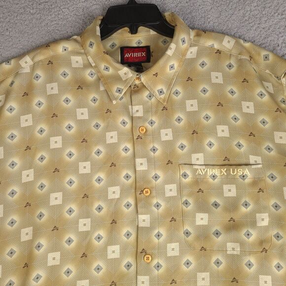 Vintage Avirex Shirt Mens XXL Gold Geometric Pattern Short Sleeve Button Down - Picture 2 of 16